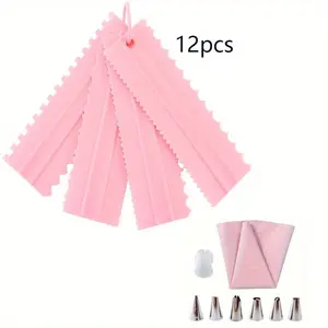 Cake Scraper Set, 12pcs/set Double Sided Cake Decorating Sawtooth Comb & Pastry Bag & Nozzle, Reusable Cake Decorating Tool for Dough Stirring, Bread, Pizza, Cheese, Chocolate
