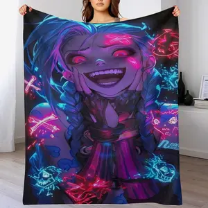 "Arcane" Jinx-Themed Blanket — Neon Anime-Style Throw, A Must-Have for Gamer Room Decor, Cozy Fleece Blanket, The Ultimate Gift for Jinx Fans