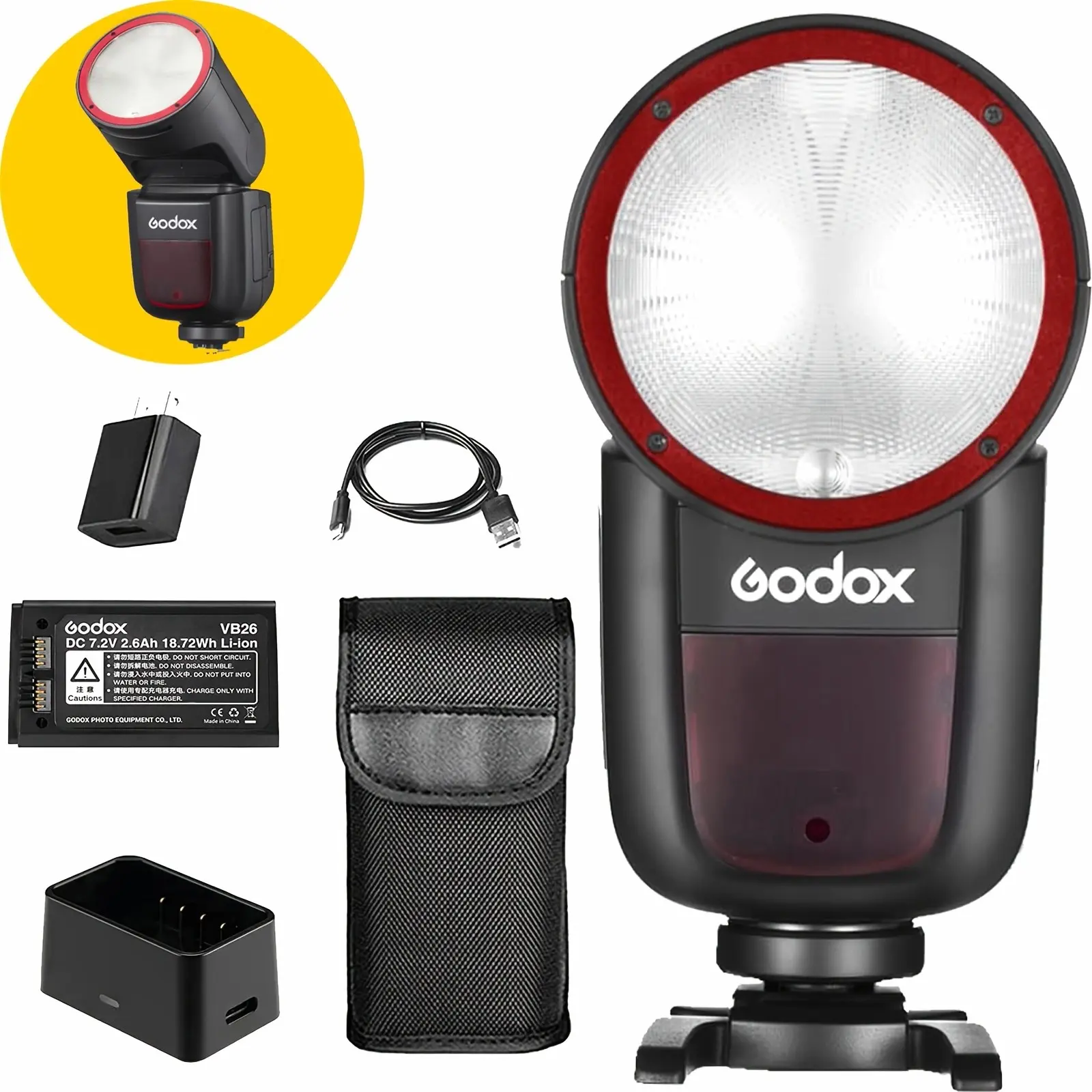 Godox V1 Camera Flash Speedlight Speedlite, 76Ws 2.4G TTL 1/8000 HSS, 480 Full Power Shots, 1.5S Recycle Time, 7.2V/2600Mah Li-Ion Battery, 10 Levels LED Modeling Lamp (V1-S for Sony/ V1-C for Canon/ V1-N for Nikon/ V1-F for Fujifilm/ V1-O for Olymp