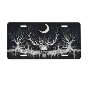 Skull Trees & Crescent Moon Front License Plate - Mystical Gothic Forest Aluminum Car Tag - Dark Nature Moon Phase Vanity Plate - Gift for Men & Women 6x12 Inch