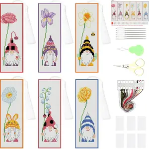 6 Pack Cross Stitch Kits for Beginners,Gnome Stamped Cross Stitch Kits Bookmarks for Women,Flowers 11ct Cross Stitch Embroidery Kit for Beginners Adults
