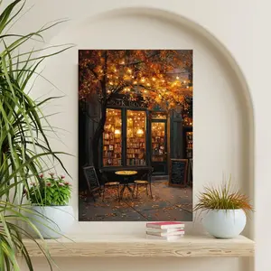 Cozy Autumn Coffee Shop and Bookstore Wall Art – Moody Fall Cafe Scene Poster for Thanksgiving Decor