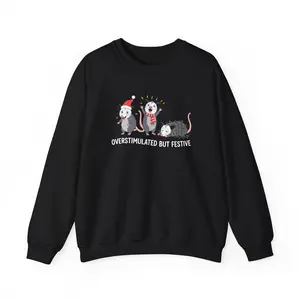 Holiday Possums Crewneck Sweatshirt | Festive Opossum Trio Design Cotton Fabric