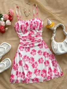 Women's Vintage Maple Leaf Print Pleated Mini Dress, Spaghetti Strap, Retro Style, Casual Fashion, Perfect for Spring and Fall, Stylish and Comfortable