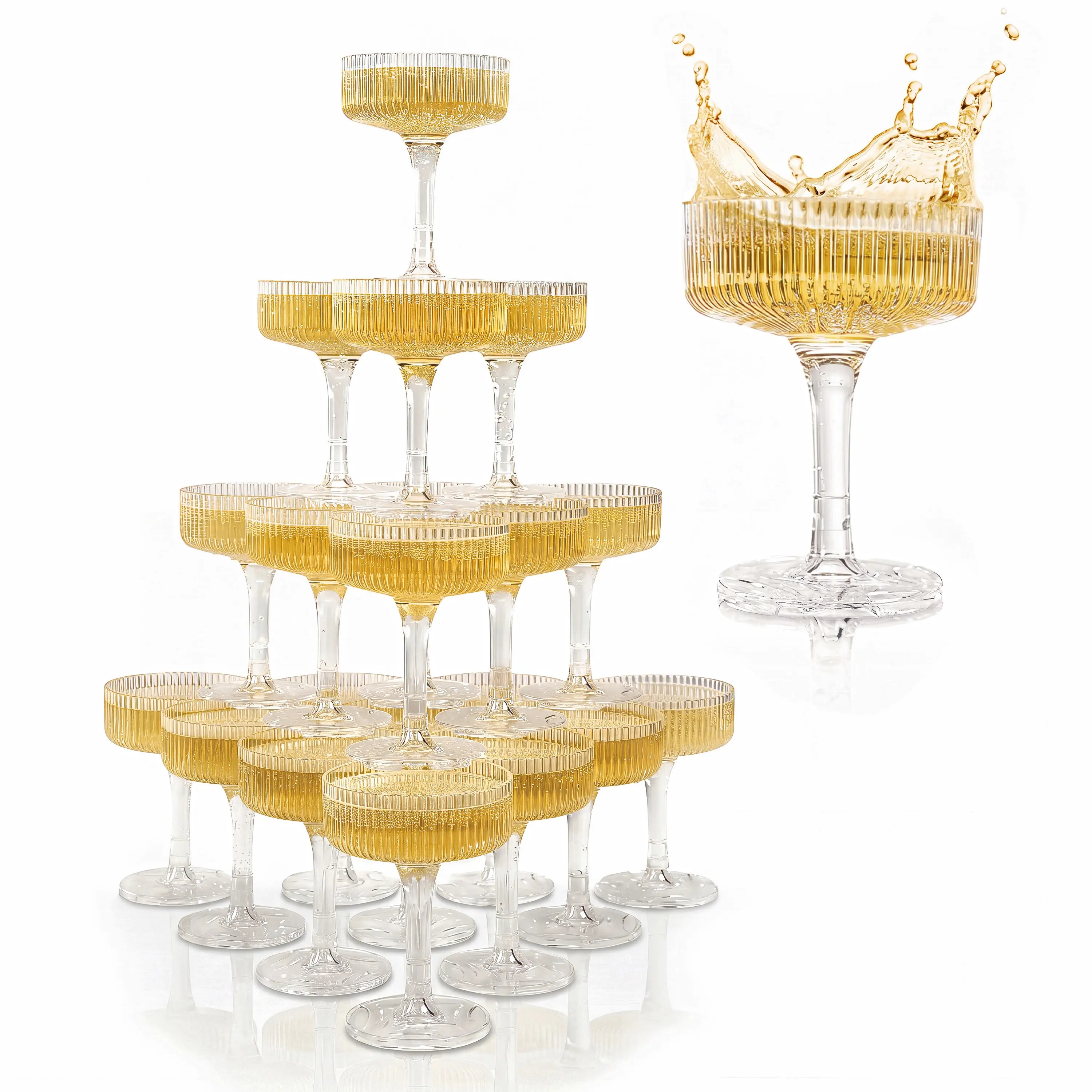 KSESTOR Sturdy Clear Plastic Champagne Tower Set - 21-Piece 7oz Classic Ribbed Reusable Acrylic Shatterproof Coupes, Drinkware for Wedding, Anniversary Celebrations