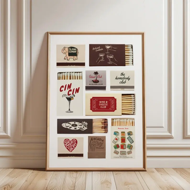 Vintage Matchbox Poster Unframed , Retro Matchbook Wall Art, Trendy Matches Poster, Funky Aesthetic Kitchen Wall Poster Unframed s, Apartment Dorm Room Wall Art