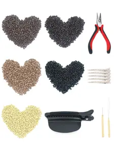 2500pcs Hair Extensions Beads Micro Links Beads, 5mm Silicone Lined Beads for I Tip Human Hair Extensions (Black/Light Brown/Dark Brown/Blonde/Dark Blonde) with 9pcs tools