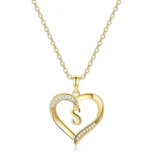Heart Initial Necklaces for Women, 14K Gold Plated Cubic Zirconia Heart Pendant Necklace, Dainty Initial Charm Necklace Letter A to Z Jewelry for Women Girls
