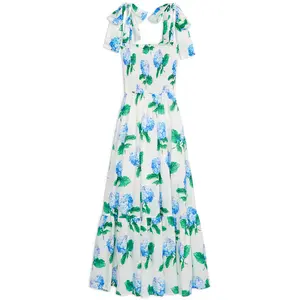 Emma Bow Maxi Dress in Bright Blue Hydrangeas