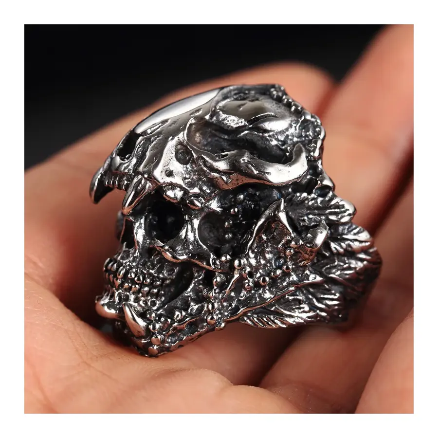 Vintage Indian Jaguar Warrior Skull Ring for Men Cool Stainless Steel Biker Rings Male Heavy Metal Punk Gothic Jewelry Wholesale