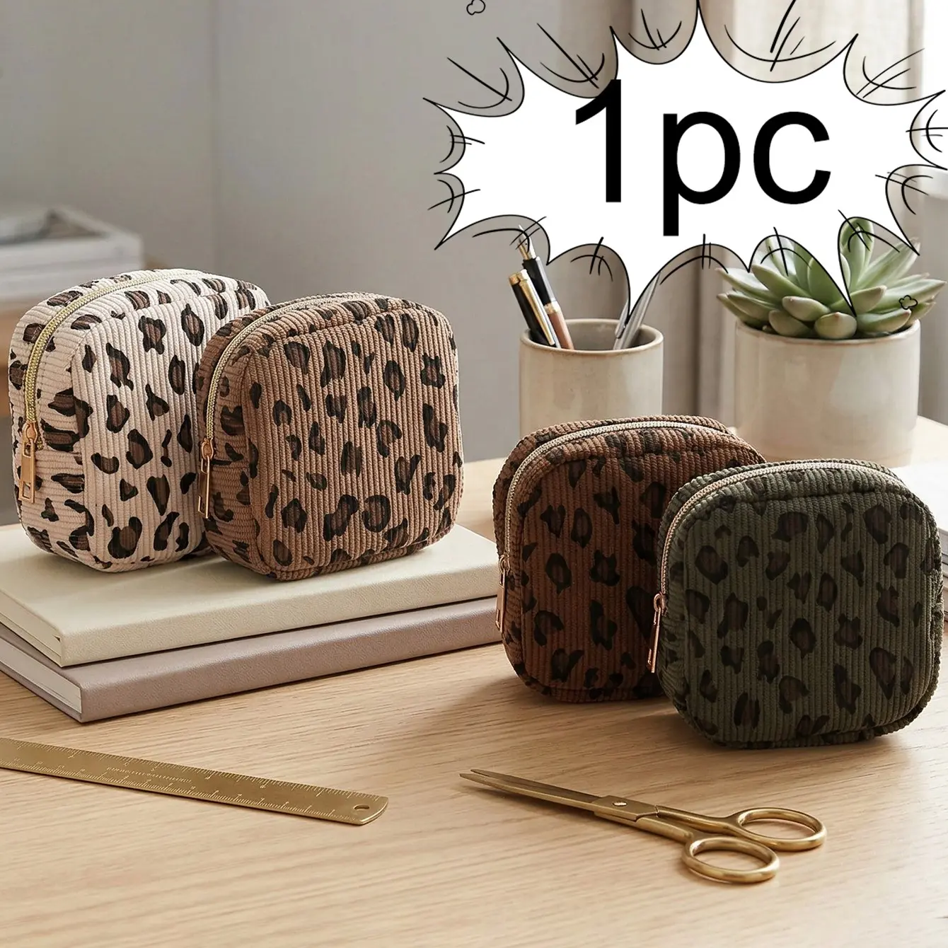 Leopard Print Corduroy Mini Cosmetic Bag, Gold Zipper, Multi-Purpose Travel & Daily Storage Pouch, Travel Makeup Pouch, Cosmetic Travel Bags, Cosmetics Bag
