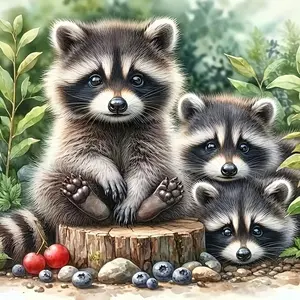 1pc 5D Diamond Painting Raccoon Family Diamond Art Kit, Round Fabric Material Animal Theme Unframed Wall Decor Home Craft Gift, 20x20cm/7.9x7.9in