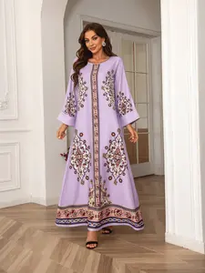 Cross-Border Export Women's Long Robe Printed Rhinestone Dress Floral Embellished Abaya, Elegant Floral Pattern, Perfect for Special Occasions