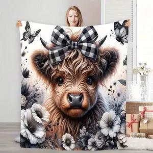 White Butterfly and Flower Pattern Plaid Blanket - Fashionable, All-Season, Multifunctional Use, Travel-Friendly, Ideal for Sofa & Bed, Perfect Holiday Birthday Gift for Family