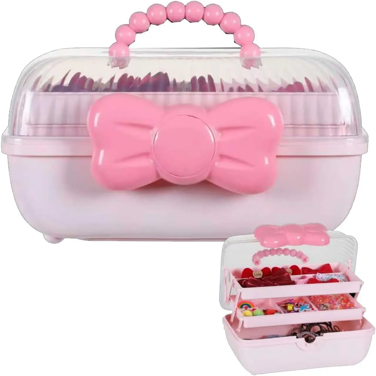 Cute Girls Hair Accessories Storage Box, Plastic Hair Ties Holder Hair Clips Container Headbands Organizer Gift for  Girls Multipurpose Organizer (Pink)