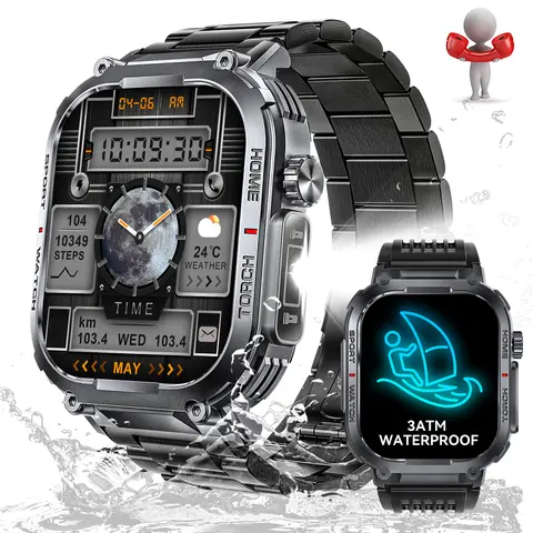 JELLOO Men's 3ATM (30m) Waterproof Smart Watch Wristwatch - 2.02" 320x390 Pixels HD Large Screen, Call Receive/Dial, LED Flashlight, 100+ Sports Modes, Compass, Music Player, Charging Cable Included (Back to School)