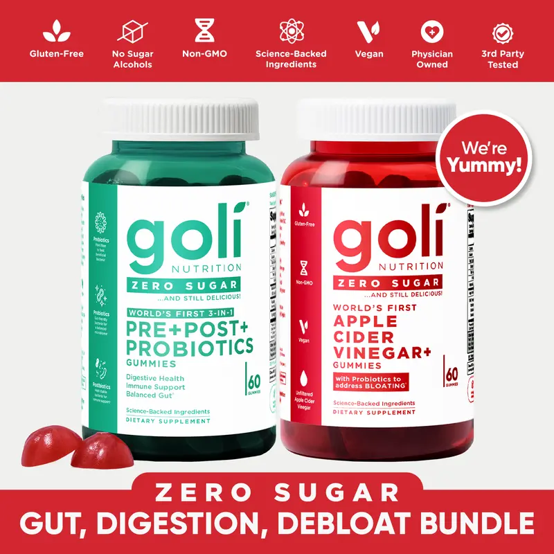 Gut, Digestion & Debloat Bundle - Goli Zero Sugar 3-in-1 Pre, Post, Probiotics + Apple Cider Vinegar, World's First. Vegan, Plant Based, Non-GMO, Gluten-Free & Gelatin-Free