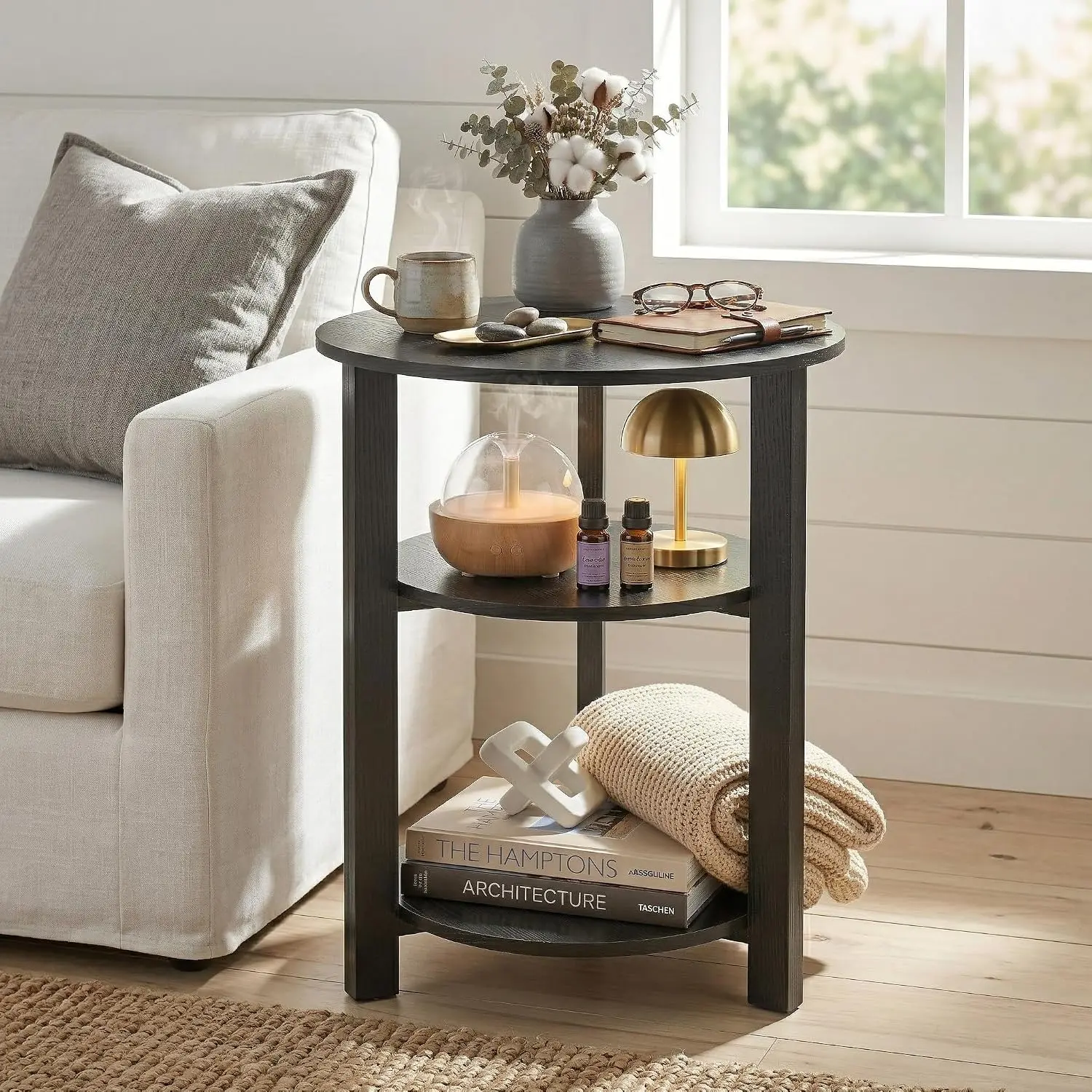 Farmhouse 3-Tier Round Side Table,17.7*21.7inch End Table with Open Storage,Modern Couch Accent Table Circular Nightatand for Living Room,Bedroom,Office,Wooden Table for Narrow and Small Spaces,Black