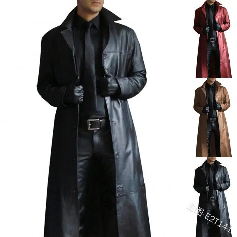 Men's fashion domineering temperament solid color windbreaker style slim leather long leather jacket men's jacket Coat Polyester Trench Clothes