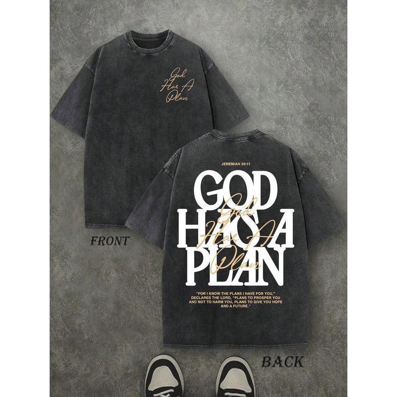 Winter outfits Retro Washed T-Shirt Double Sided Printed 230 Pure Cotton'GOD HAS A PLAN' Letter Print Men's Casual ComfortableFashionable Street Style Cotton Distressed FestiveMenswear Tops slightly cropped shirt men