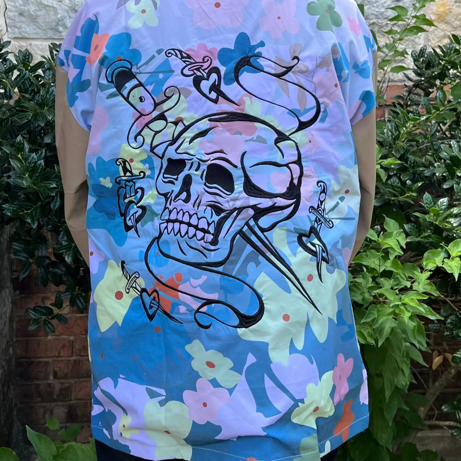 Cheyenne Sawyer Thunder Bird Anorak Jacket - Limited Edition Floral Print Fitted Y2K Raincoat with Embroidered Skull & Mindzai Logo Long Sleeve Medium Length Waterproof Women's Hoodie