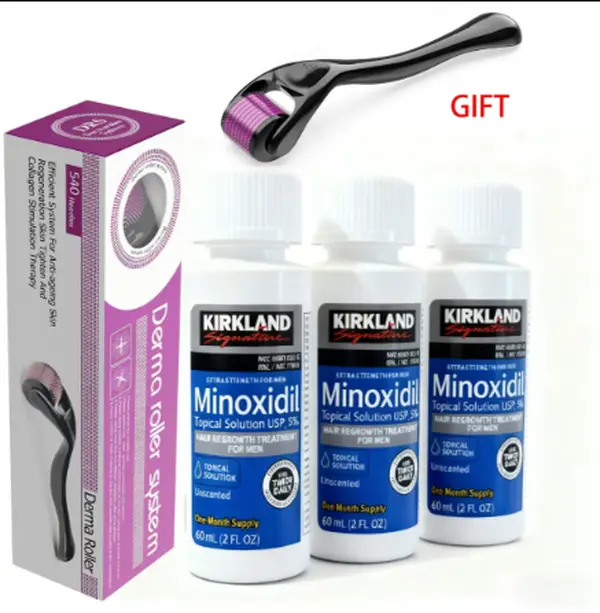 3pcs Kirkland Signature 5% Minoxidil Extra Strength Hair Regrowth Treatment - Men's USP Topical Liquid with Dropper, PeppermintCastor Rosemary Biotin Haircare Formula