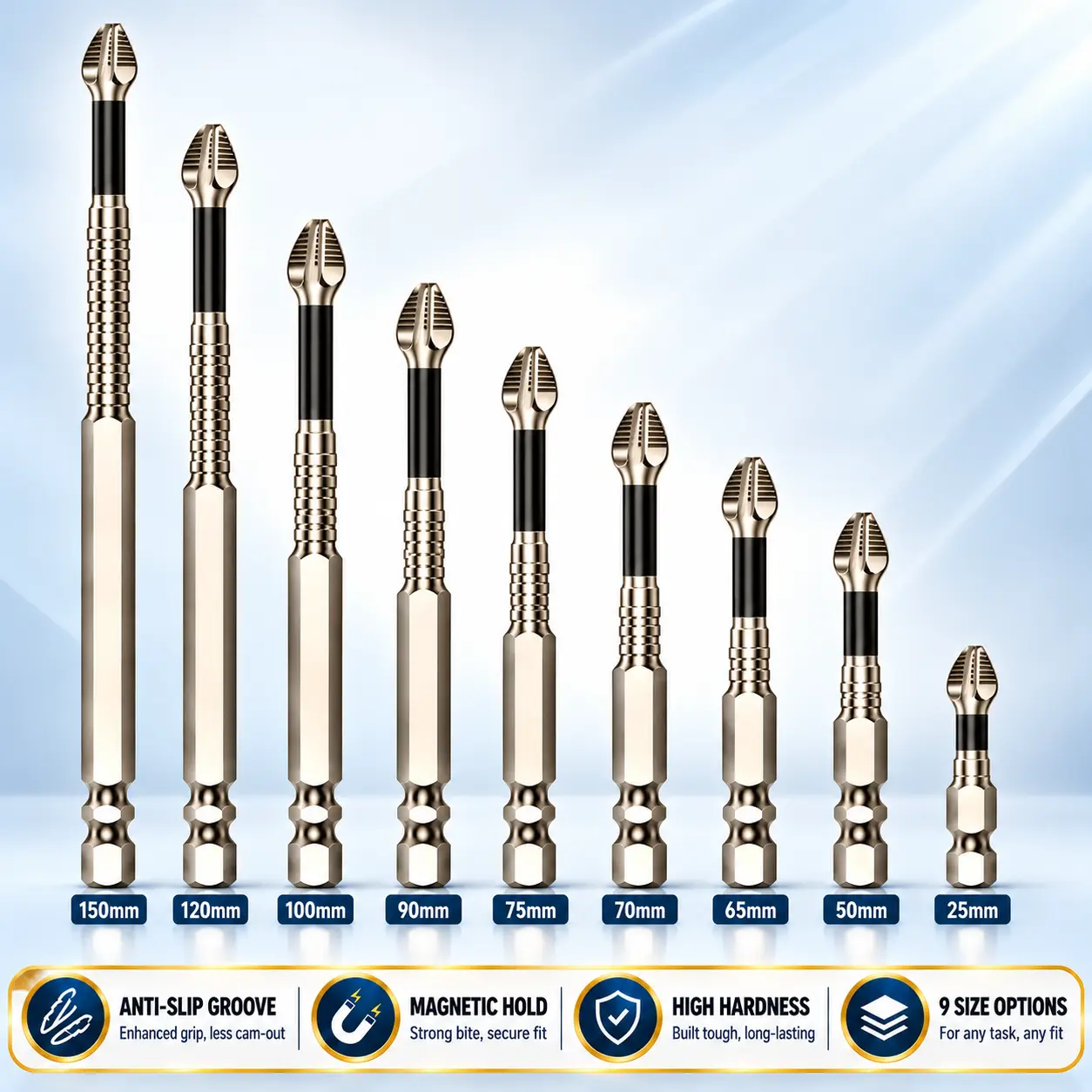 PH2 Magnetic Screwdriver Bit Set, K5 S2 Steel Non-Slip 1/4" Hex Bits, 25-150mm, Includes Magnetic Ring for Enhanced Magnetic Hold