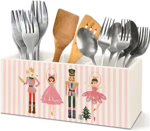 Pink Christmas Nutcracker Kitchen Utensil Holder,Nutcracker Christmas Decor 3 Compartment Cooking Utensil Holder for Kitchen Counter,Preppy Pink Striped Wooden Storage Organizer Box,3.5x7.9inch