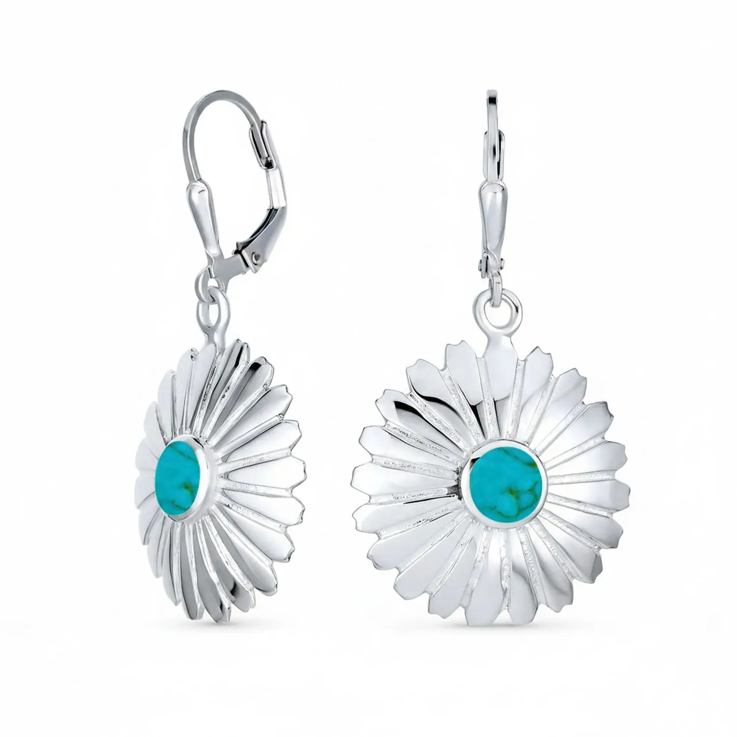 Southwestern Concho Turquoise Flower Dangle Earrings .925 Sterling Silver
