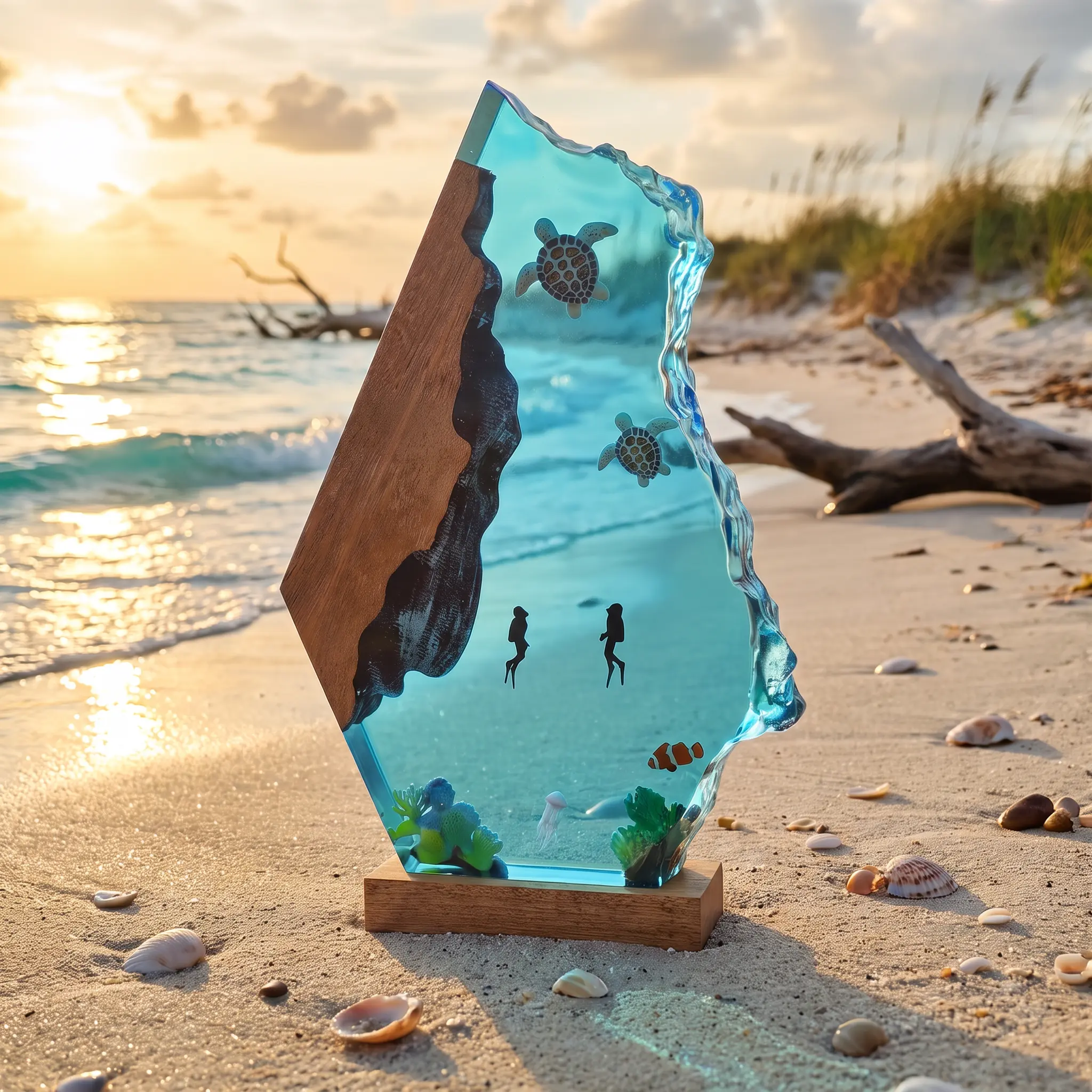 Handcrafted Ocean Resin Night Light, Scuba Diver & Sea Turtle LED Desk Lamp with Wood Base, Aesthetic Room Decor Birthday Gift