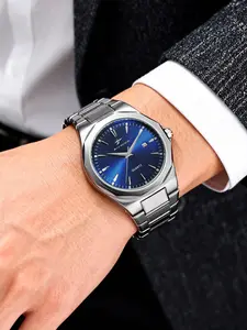 RICECGO Men's Quartz Watch Business-style metal steel bracelet with date window display A sleek and sophisticated men's timepiece Business Fashion Watches Quartz Analog Watch Quartz Analog Wristwatch