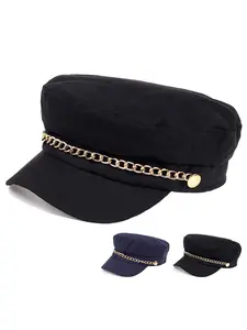 Unisex Chain Decorated Beret Hat, Casual Woven Plain Fitted Design, Outdoor Sun Protection for Spring & Fall Travel Vacation