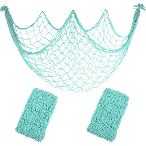 Pack Decoractive Fishing Net 80x40 Inch, 3mm Thickness Light Blue Natural Cotton Large Picture Wall Hanging Fish Net, Party Decorations Fishnet for Nautical Pirate Beach Mermaid Themed Party