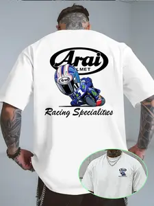 Arai Helmet Racing Graphic Oversized T-Shirt | Multi-Color Tees with Moto Racing Cartoon Print | Trendy Streetwear for Motorcycle Enthusiasts | Comfortable & Stylish