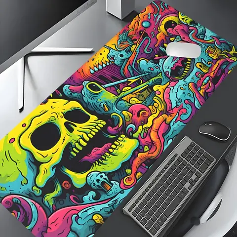Psychedelic Neon Grotesque Skull Design Large Gaming Mouse Pad, Desktop Protection Pad, Washable Rubber Pad Non-Slip Lock Edge Multi-Size Mouse Pad, Computer Accessories For Desk, Desk Accessories For Home Office, Desk Gadgets, Perfect for Halloween
