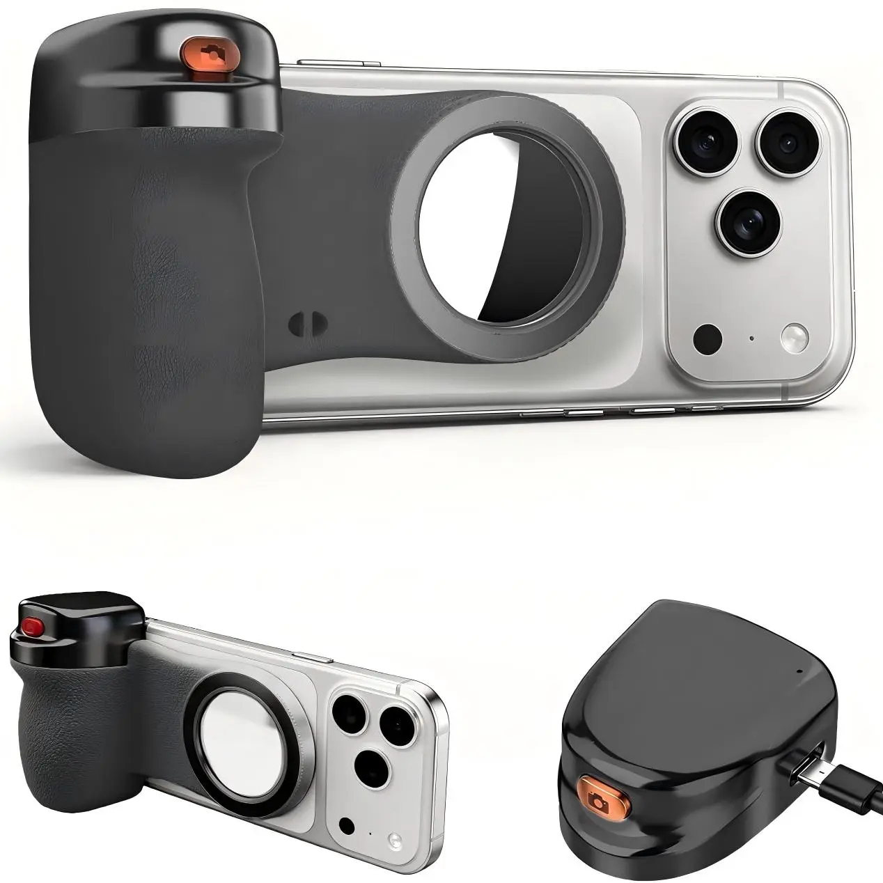 Magnetic Phone Camera Grip, Shutter Grip Handle Holder for iPhone/Android with Detachable Wireless Shutter Remote and Convenient Keychain Hook