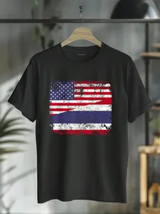 100% Cotton THAI ROOTS | Half American Flag | USA THAILAND FLAG T-Shirt Casual Short Sleeve Shirt