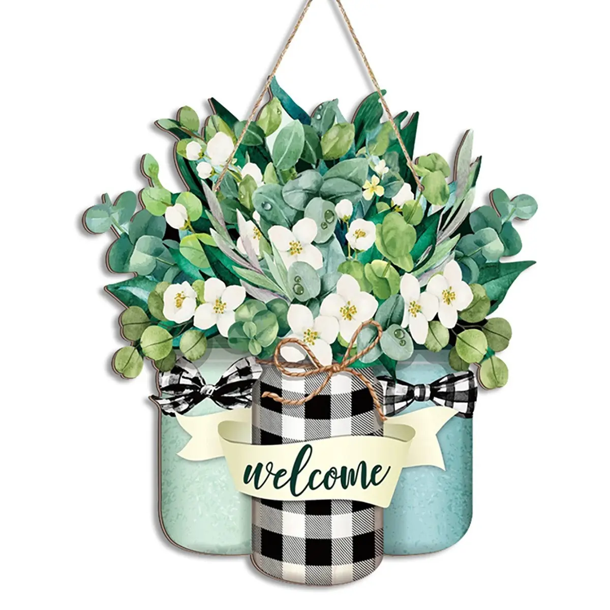 Spring Wooden Wall Art Pendants, Welcome Sign, Checkered Vase, Flowers Leaves Decor, Home Decoration, Wall Ornaments