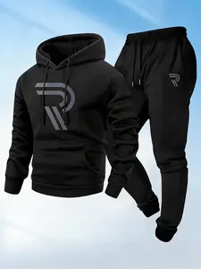 Fashionable men's digital printed hooded sweatshirt+pants set splicing, fashionable street style casual two-piece set
