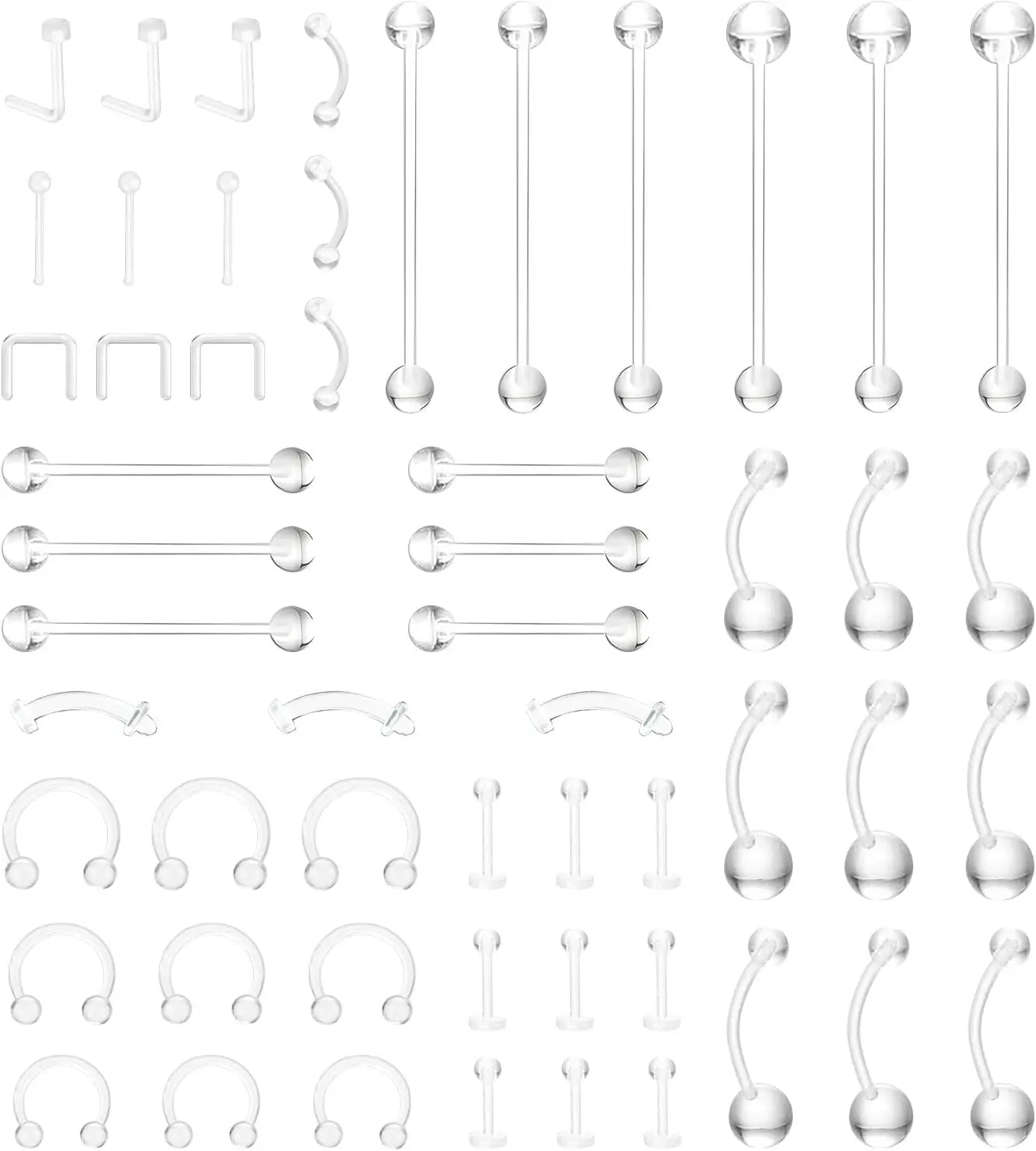 PCS Clear Piercing Retainers Set, Multi Gauge Transparent Plastic Body Jewelry for Nose, Ears, Lip, Tongue, Belly Button, Eyebrow, Cartilage & Long Bar Piercings – Hypoallergenic for Work & Surgery