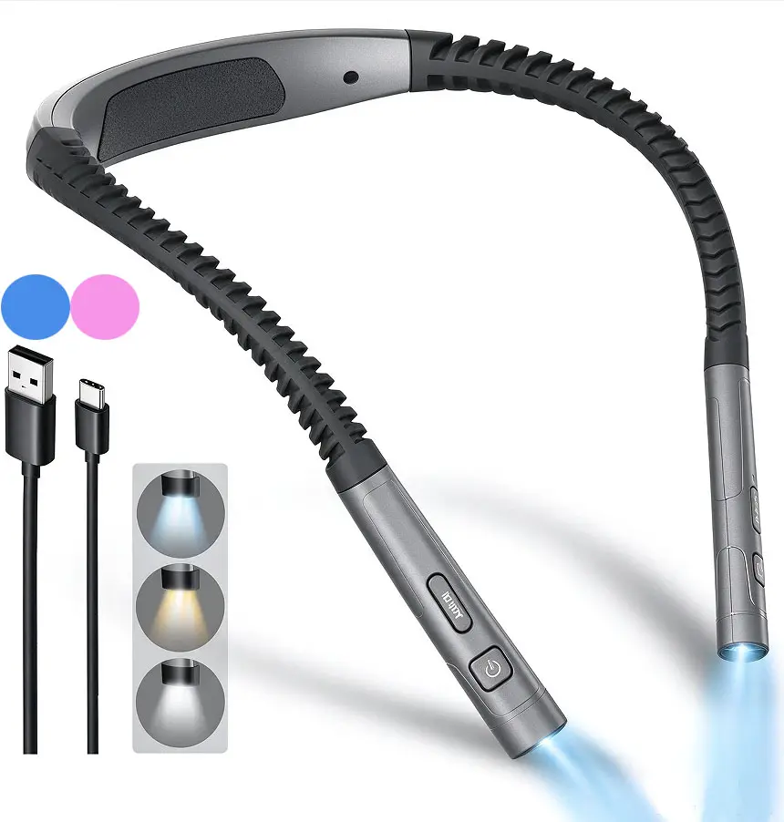 Wearable LED Neck Reading Light - Bendable, 80-hr USB-C Rechargeable, 3-Color Adjustable Brightness Specialty & Decorative Lighting, Hands-Free for Knitting, Book Lovers Gifts