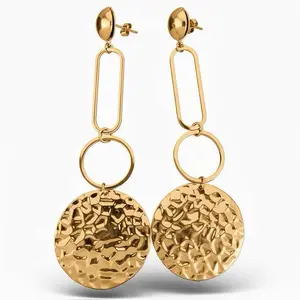 Maite Jewelry                                         Elegantes Long Gold Color Earrings with Steel Material and Textured Disc Design
