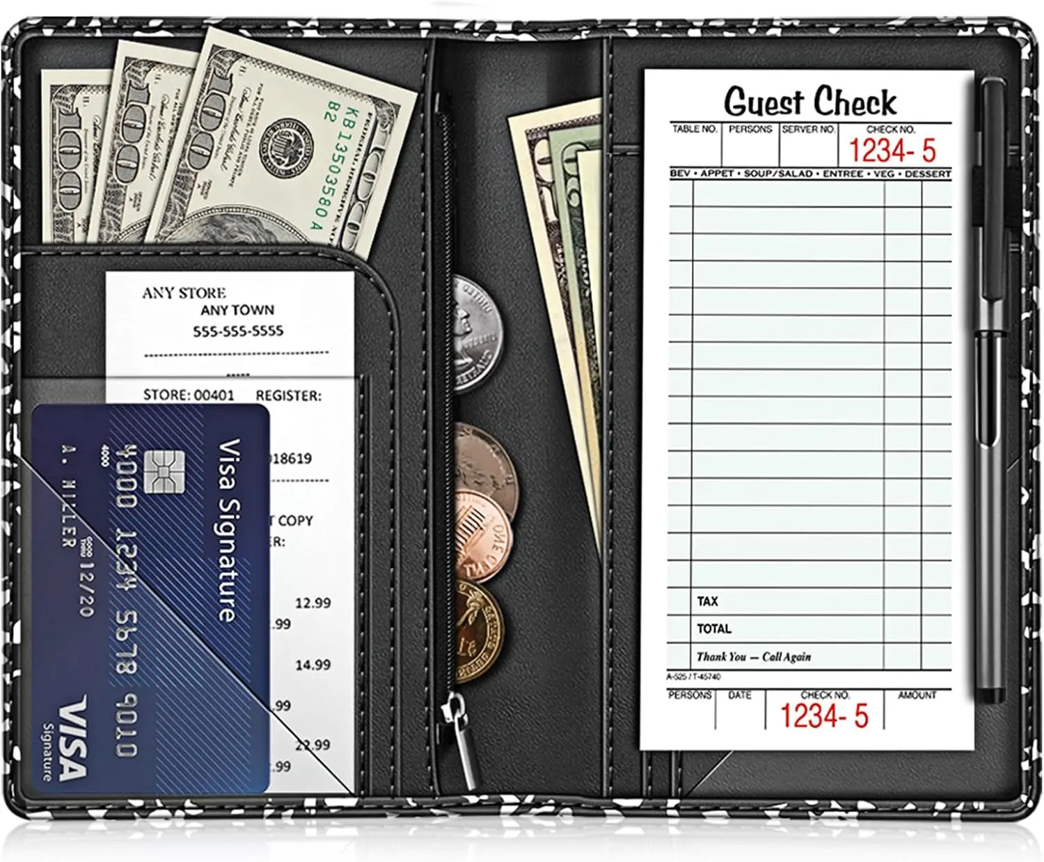 Server Book – Compact Organizer with Clear and Money Pockets, Pen Holder, Fits Apron Perfectly, Leather Waitress Book