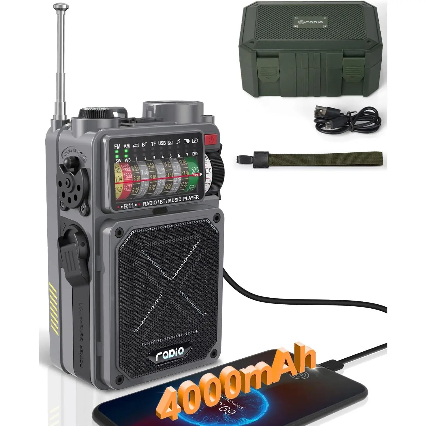 R11 Portable Shortwave Radio - 4000mAh/14800mWh NOAA/SW/AM/FM, Solar/Hand Crank/USB ,  Receiver/USB/TF Playback,with Compass,Flashlight,SOS for Camping &  - Grey