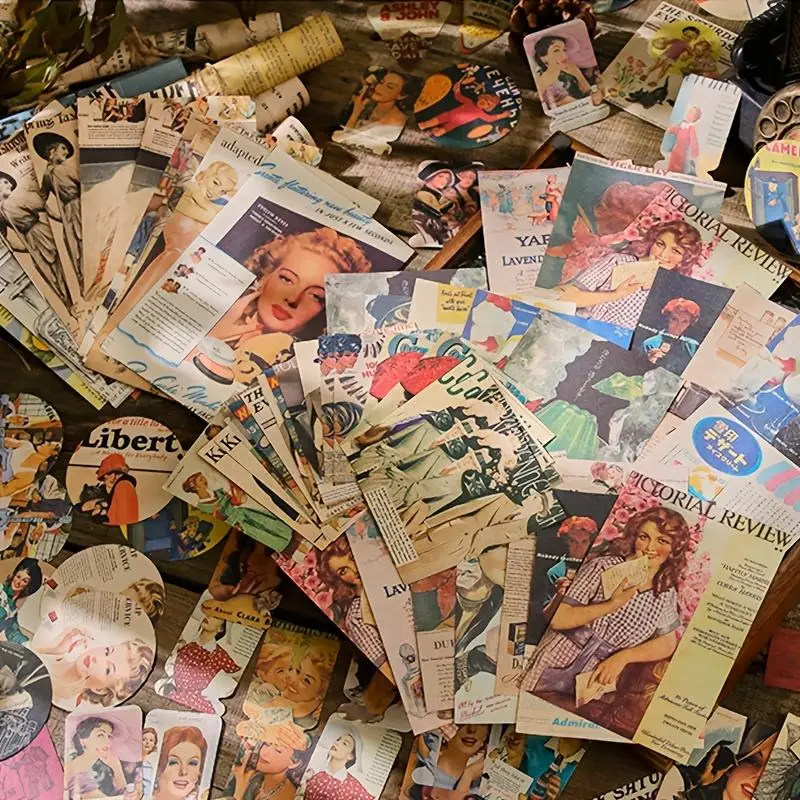 Random Color Vintage Euro-american Style Stickers, 200pcs/pack Magazine Pattern Material Paper Mixed Set, Creative Painting Background Paper for DIY S