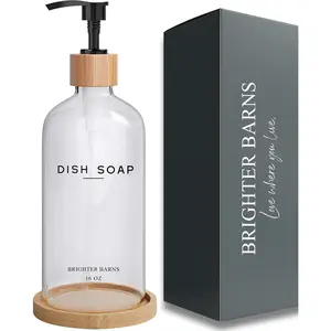 Clear Glass Dish Soap Dispenser - Kitchen Sink Set With Bamboo Tray - Modern Decor and Accessories, Minimalist Neutral Home (Clear)