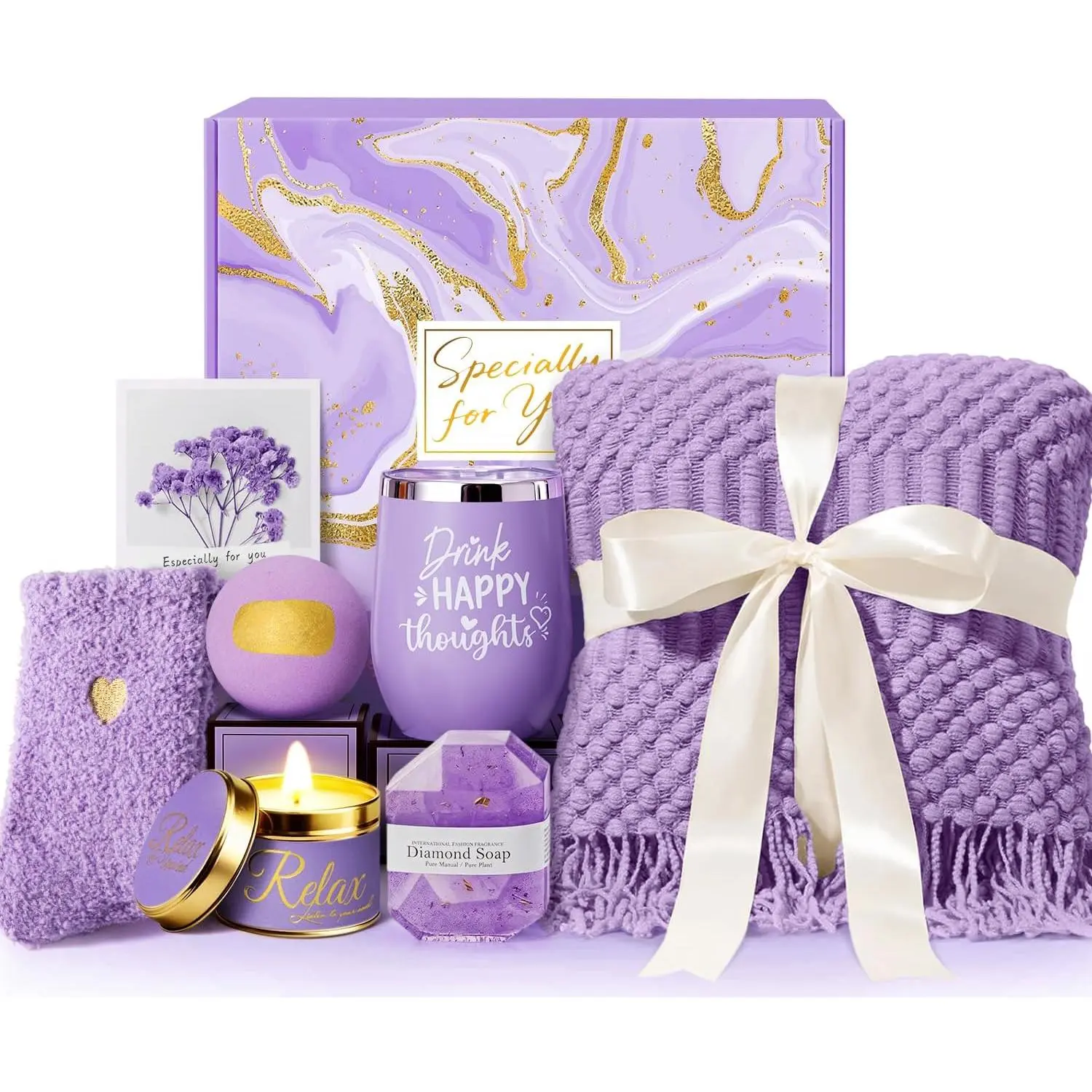Mothers Day Gifts for Mom Wife Grandma Daughter Sister Friends, Self Care Get Well Gifts, Lavender Relaxing Spa Gift Basket Care Package w/Blanket, Birthday Gifts for Women Her Girlfriend Aunt Teacher
