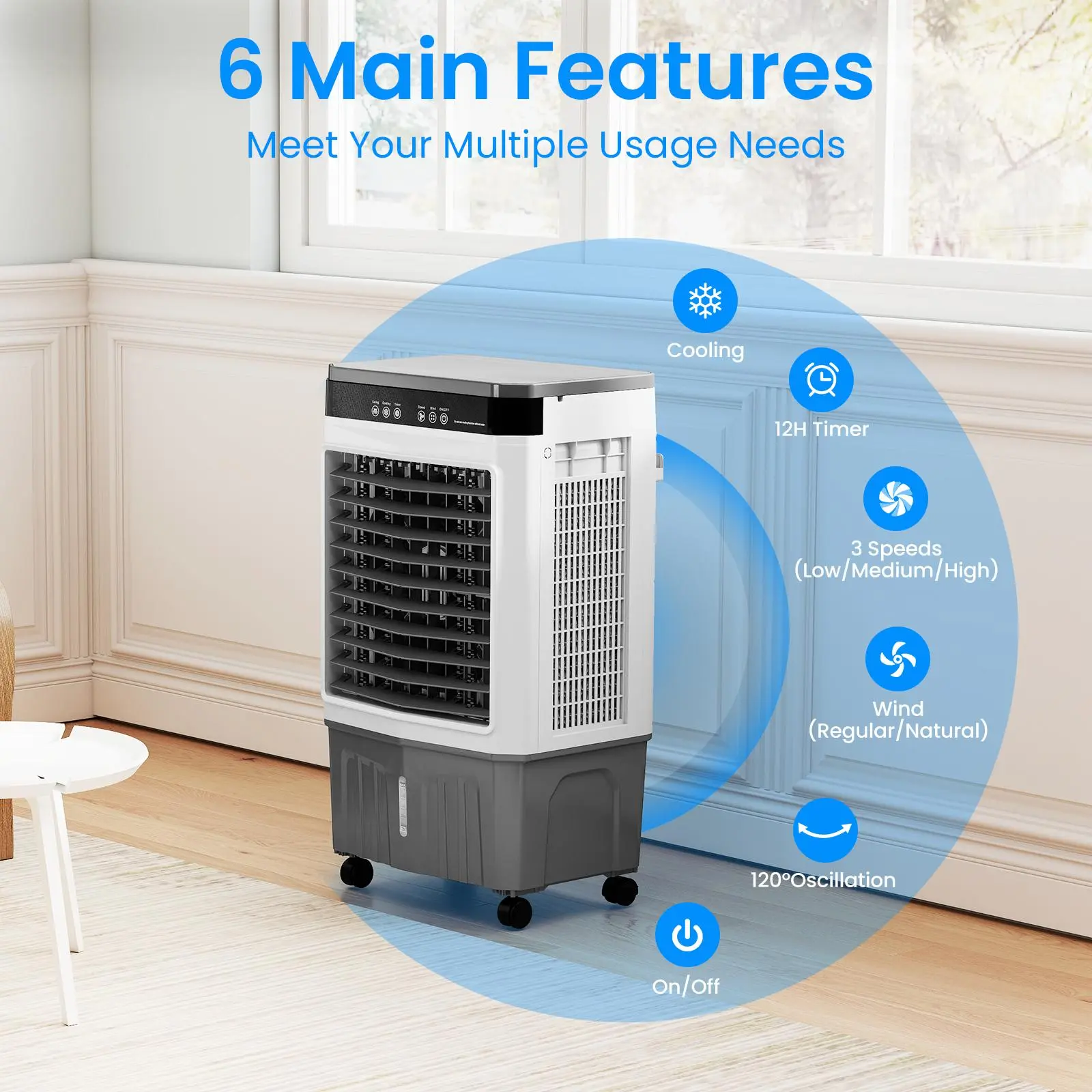 VCJ ZHL-5501GL 1800CFM Evaporative Air Cooler, 5.6 Gal 3 IN 1 Windowless Portable Swamp Cooler Air Conditioner,120° Oscillation, 3 Speeds, 12H Timer, 4 Ice Packs, Air Cooling Fan for Bedroom Room Office Garage