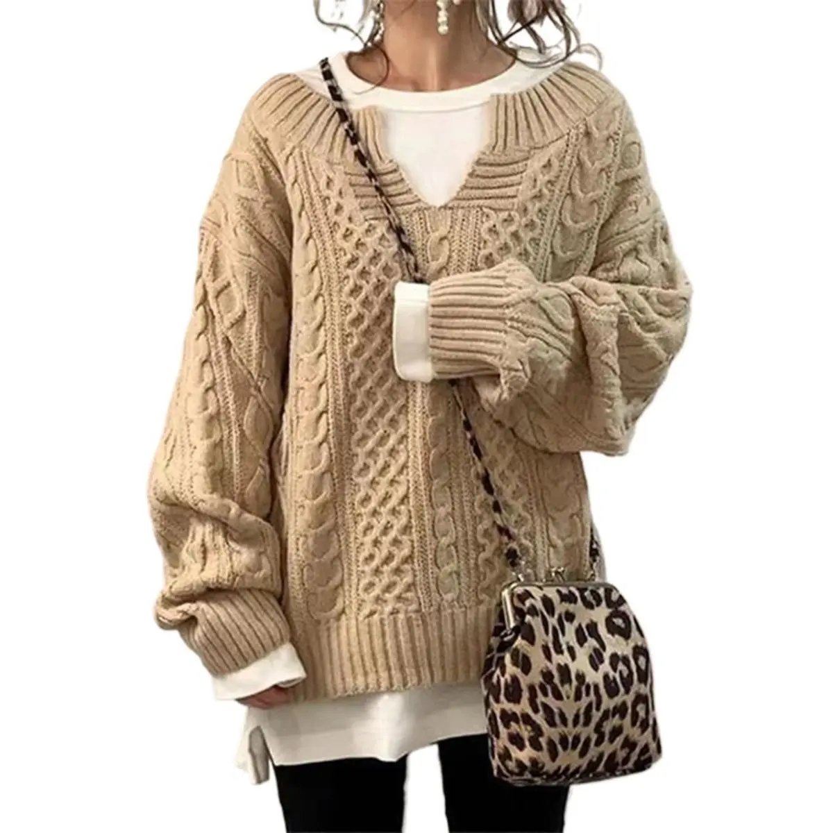 Women V Neck Cable Knit Sweater, Loose Mid Length Soft Arctic Fleece Pullover, Casual Lounge Style Knit Top