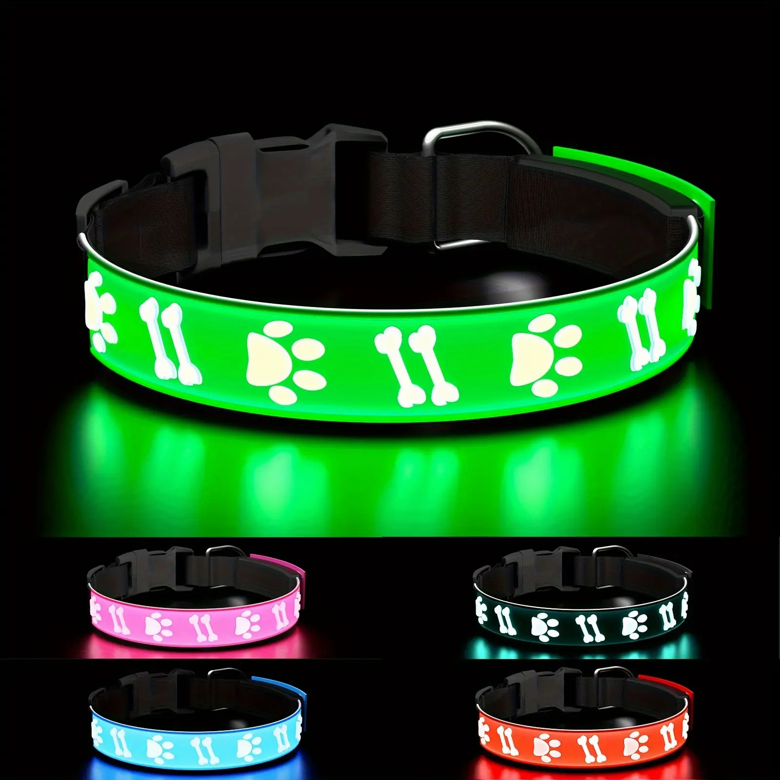USB-Rechargeable LED Dog Collar with 15 Light Modes, Adjustable Glow Safety Light for Nighttime Walks - Soft Pet Collar with Cute 3D Flash Patterns (Green/Blue/Pink/Red/Black) - for all dog sizes